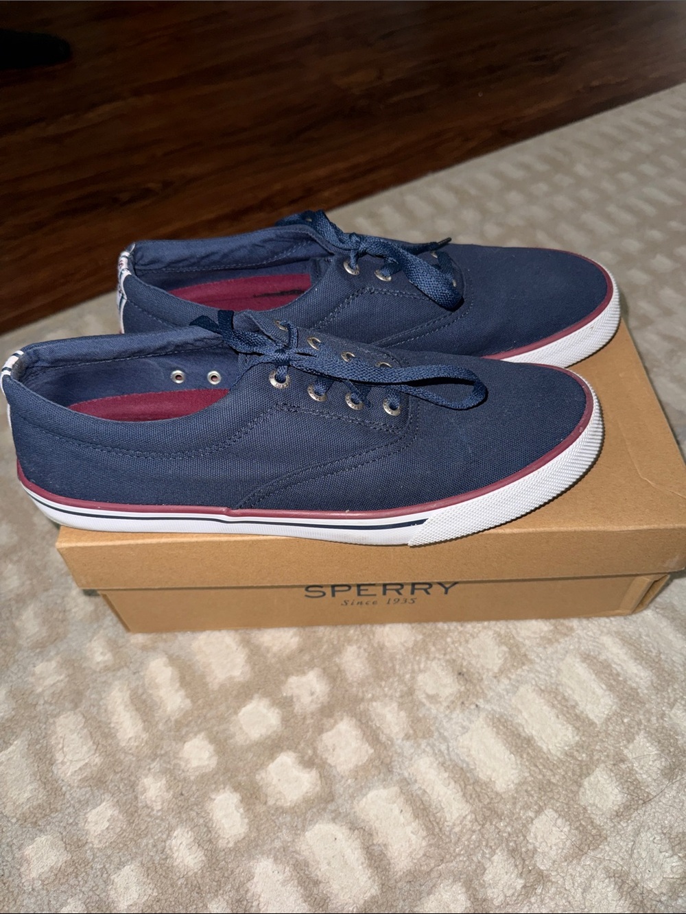 Sperry Navy Canvas Boat Shoes with Maroon Accents